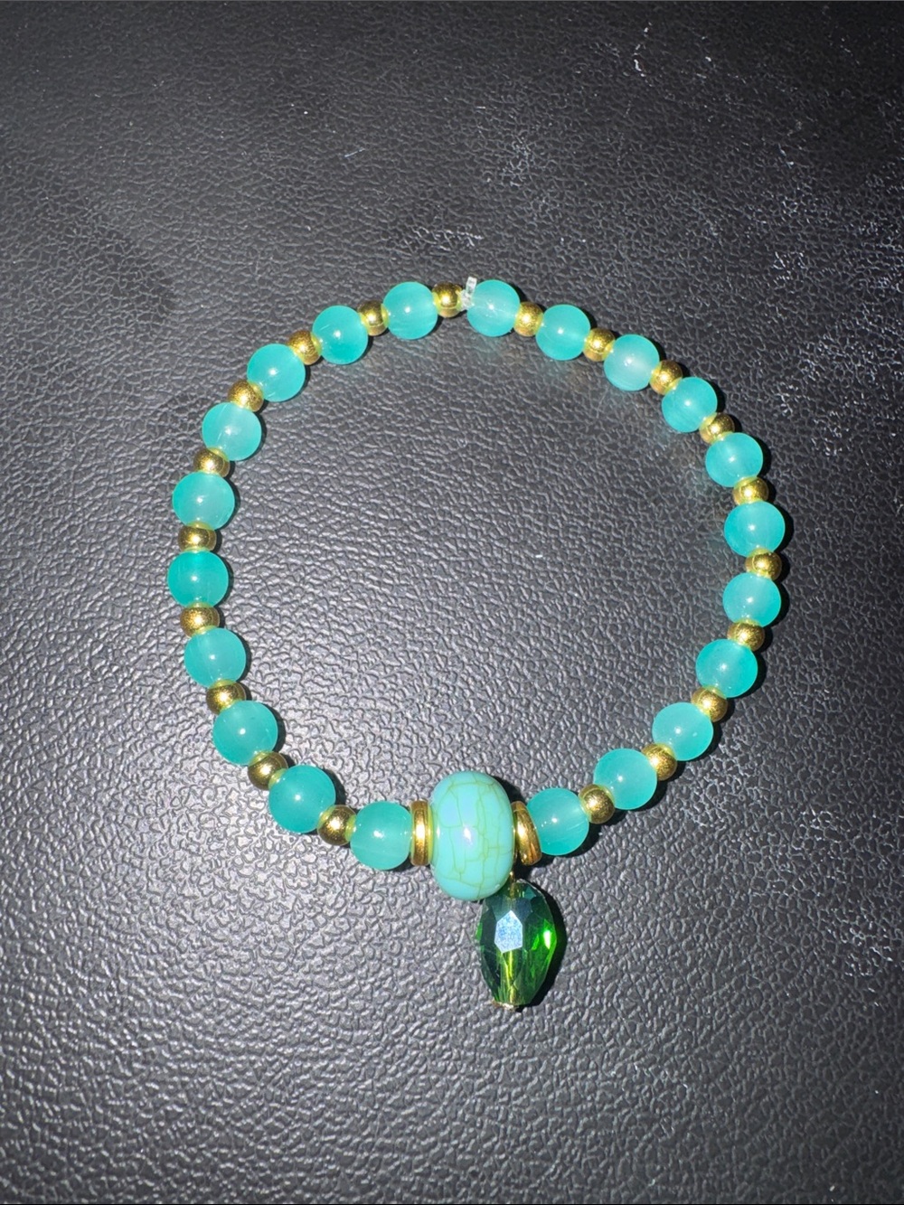 Handmade Turquoise Beaded Stretch Bracelet with Green Teardrop Charm